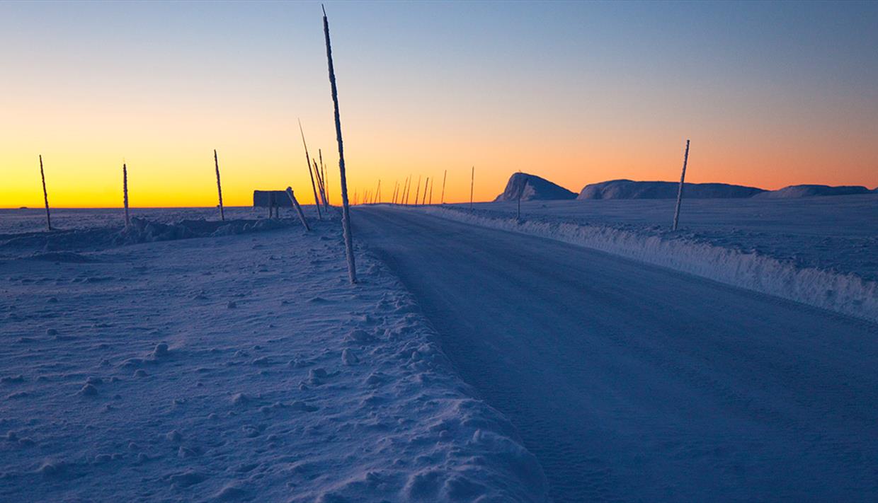 Eine Straße zieht sich durch Schneelandschaft zu Beginn der Blauen Stunde, während das Restlicht der Sonne den Horizont gelb-orange färbt.