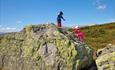 Barn leker på toppen av en stein.