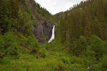 The waterfall Juvfossen falls over a rocky cliff surrounded by lush green vegetation.