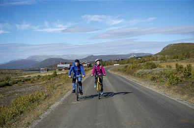 Two cyclists in colourful jackets cycling across the open mountainous landscape of the mountain farming area Stølsvidda along the Mjølkevegen cycling