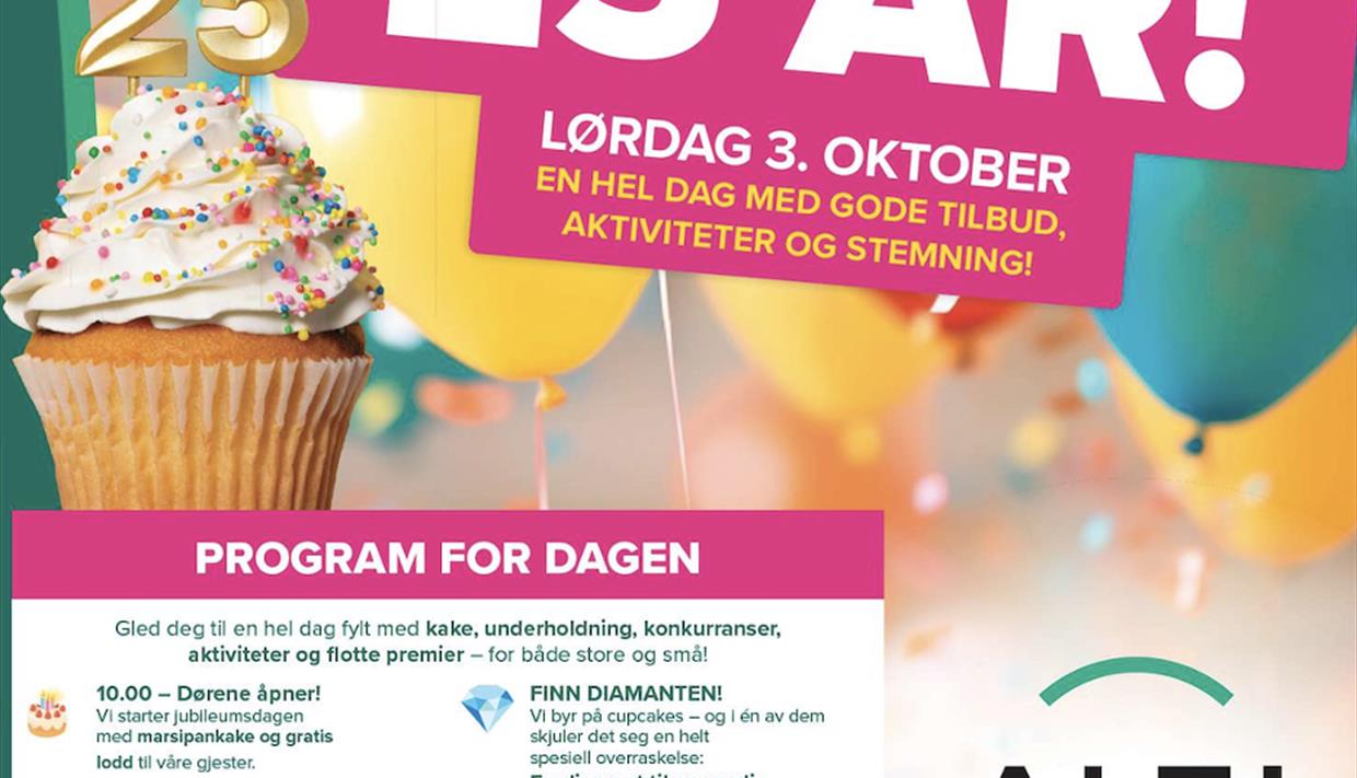 ALTI Valdres fyller 25 år – og det skal feires skikkelig! Lørdag 3. oktober inviterer vi til en jubileumsdag full av kake, latter, konkurranser, aktiviteter og flotte premier for både store og små! Dørene åpner kl. 10.00, og gjennom dagen blir det blant annet historisk tilbakeblikk, sumobryting, standup med Bjørn Kleiven og stor loddtrekning. Barna kan glede seg til hoppeslott, popcornmaskin og besøk av morsomme figurer. Og hold øynene åpne: Vi byr på cupcakes, og i én av dem skjuler det seg en helt spesiell overraskelse – en diamant til en verdi av 14.000 kroner! Butikkene byr selvfølgelig også på jubileumstilbud og konkurranser gjennom hele dagen. Ta med familie og venner og bli med når ALTI Valdres feirer 25 år! Dette blir en bursdagsfest du ikke vil gå glipp av. ALTI Valdres fyller 25 år – og det skal feires skikkelig! Lørdag 3. oktober inviterer vi til en jubileumsdag full av kake, latter, konkurranser, aktiviteter og flotte premier for både store og små! Dørene åpner kl. 10.00, og gjennom dagen blir det blant annet historisk tilbakeblikk, sumobryting, standup med Bjørn Kleiven og stor loddtrekning. Barna kan glede seg til hoppeslott, popcornmaskin og besøk av morsomme figurer. Og hold øynene åpne: Vi byr på cupcakes, og i én av dem skjuler det seg en helt spesiell overraskelse – en diamant til en verdi av 14.000 kroner! Butikkene byr selvfølgelig også på jubileumstilbud og konkurranser gjennom hele dagen. Ta med familie og venner og bli med når ALTI Valdres feirer 25 år! Dette blir en bursdagsfest du ikke vil gå glipp av.