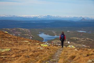 A person hikes on a path towards a stunning view with lakes, several hilly ridges and snow-capped high mountains in the rear.