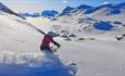 Eine Tourenskifahrerin legt eine Kurve hin, dass der Schnee stiebt. Hochgebirge im Hintergrund.