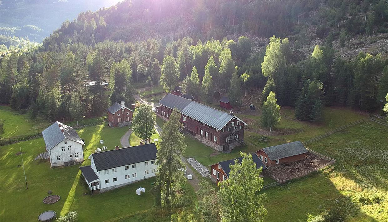 Drone image of the farm compound with several buildings, large lawn areas and birch trees. Sunrays create a mosaic of light and shadows.