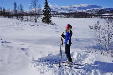 En skiløper nyter vårsola i løypenettet med en solo. Fjell i bakgrunnen.