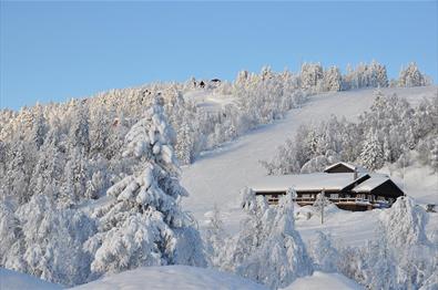 Gamlestølen Fjellstue med skibakken og snødekte trær i bakgrunnen.