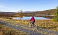 Syklist på grussti foran et blikkstille vann på høsten