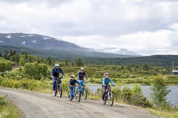 A family cycles on a gravel road along Lake Vasetvatnet.