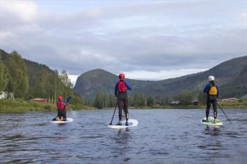 Three stand-up boarders on a calm river with a forested hill in the background