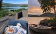 A collage of two images: of the deck with garden furniture and view over the lake and one of a small boat on the lake at sunset.
