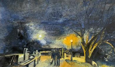 A painting of people walking at night