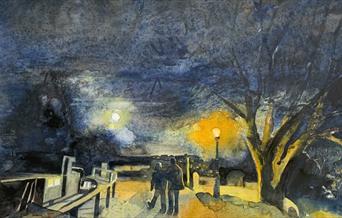 A painting of people walking at night