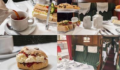 A montage of images featuring afternoon tea, including scones, sandwiches and tea being poured into a cup. There is also a picture of a railway carria