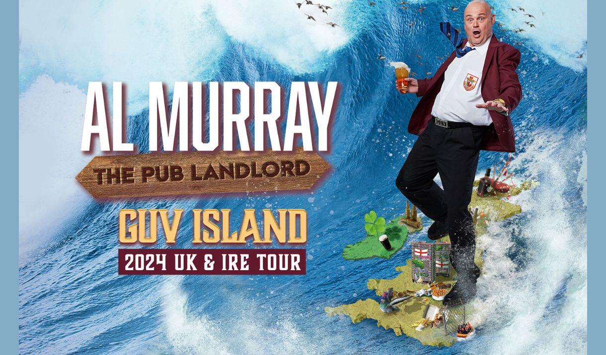 A picture of comedian Al Murray, dressed as his character The Pub Landlord, riding the British Isles like a surf board