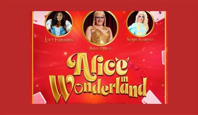 A poster advertising the show, with pictures of the three named stars and the words "Alice in Wonderland" in gold underneath them