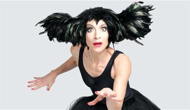 A picture of a woman in a black feathered head piece, a leotard and tutu