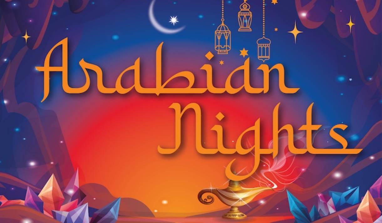 Text reads 'Arabian Nights' with image of a magic lamp and sparkling gem stones.