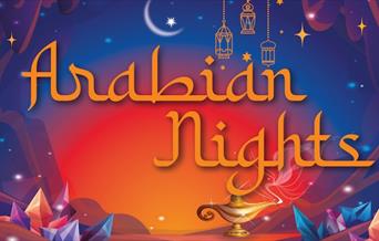 Text reads 'Arabian Nights' with image of a magic lamp and sparkling gem stones.