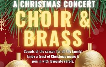A poster for the Christmas Choir and Brass concert, with the writing in front of a backdrop of baubles, stars and pine leaves