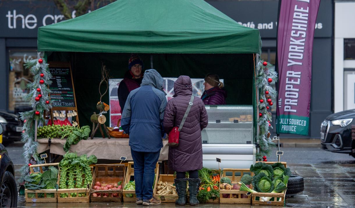 Market stall on a rainy day in Bingley.
