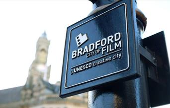 Bradford City of Film sign outside City Hall.