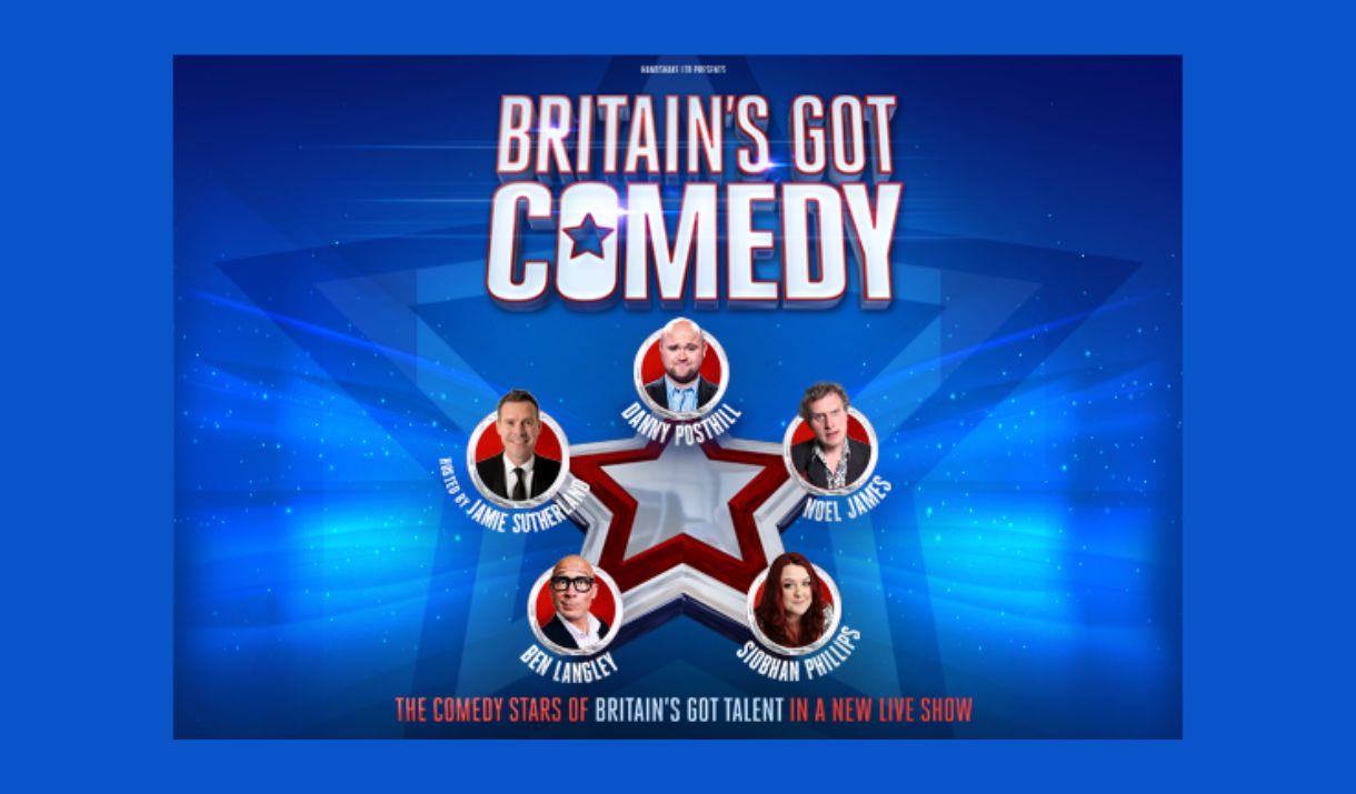 A picture of a star. At each point is a picture of one of the five comedians in the show. The words "Britain's Got Comedy" are written above.