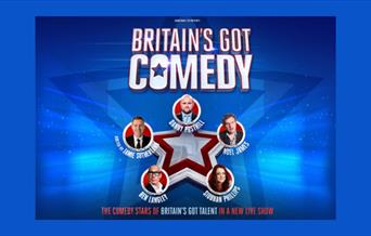 A picture of a star. At each point is a picture of one of the five comedians in the show. The words "Britain's Got Comedy" are written above.