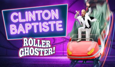 A picture of a man in a white suit, standing up in a ghost train car, next to the words "Clinton Baptiste: Roller Ghoster!"
