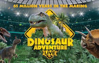 A promotional picture for Dinosaur adventure, showing dinosaurs, in jungle, within an arena