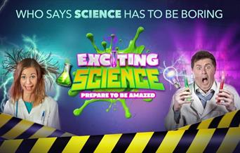 A poster for the show, with a man and a woman in lab coats, He is holding fizzing test tubes, and her hair is standing up with static electricity.