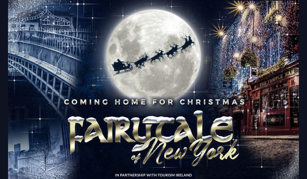A poster advertising the show, with a montage of pictures of New York and Dublin surrounding a picture of the moon with santa's sleigh flying in front