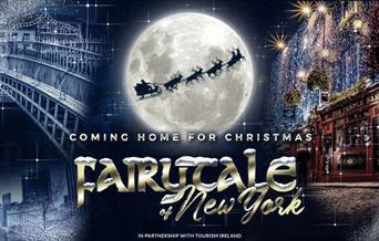 A poster advertising the show, with a montage of pictures of New York and Dublin surrounding a picture of the moon with santa's sleigh flying in front