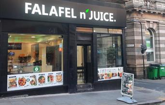 Outside Falafel n' Juice in Bradford City Centre.