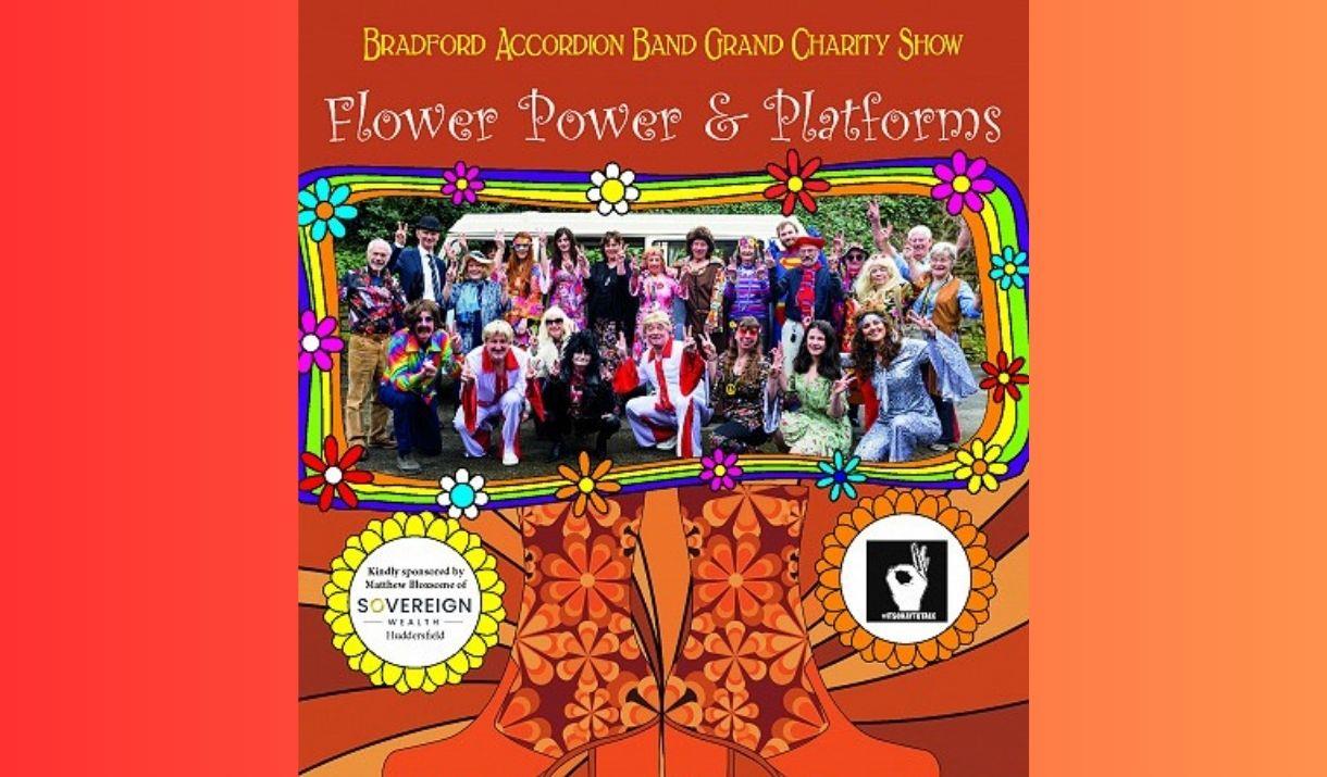 A poster for the Flower power show, showing lots of people in 60s-style clothing