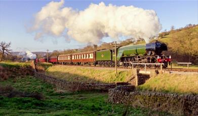A picture of the steam locomotive Flying Scotsman, hauling carriages along a railway line in the countryside
