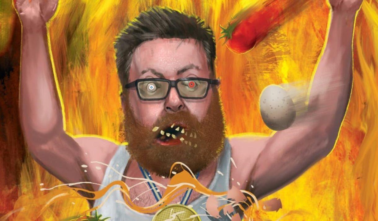 A picture of comedian Frankie Boyle in a sports vest, wearing a medal, with eggs and a tomato flying through the air at him