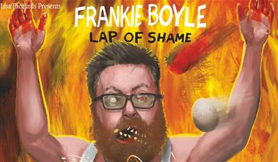 A picture of comedian Frankie Boyle in an athlete's vest, with his arms up, as though he has just finished a race. A tomato and an egg are flying towa
