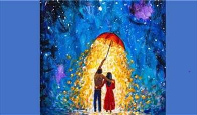 Painted picture of a couple under an umbrella.,