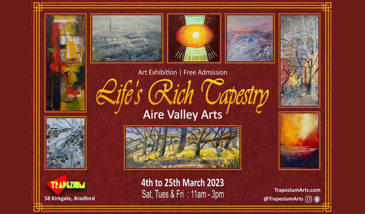 A poster advertising the Life's Rich Tapestry exhibition, showing some of the works that will be on display.