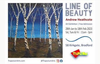 An advert for the Line of Beauty exhibition, featuring a painting of Silver Birch trees in winter
