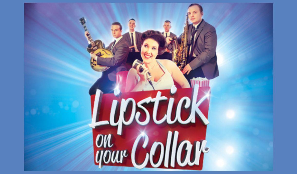 A picture of a 50s-style band with four male musicians, and a female singer