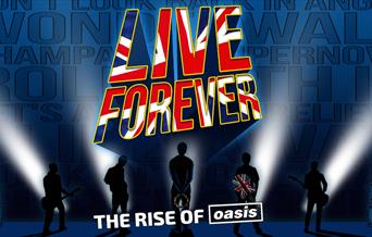 A picture of a band in silhouette, with the words "Live Forever" above them, in union jack colours