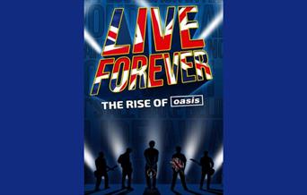 A picture of a band in silhouette, with the words "Live Forever" above them, in union jack colours