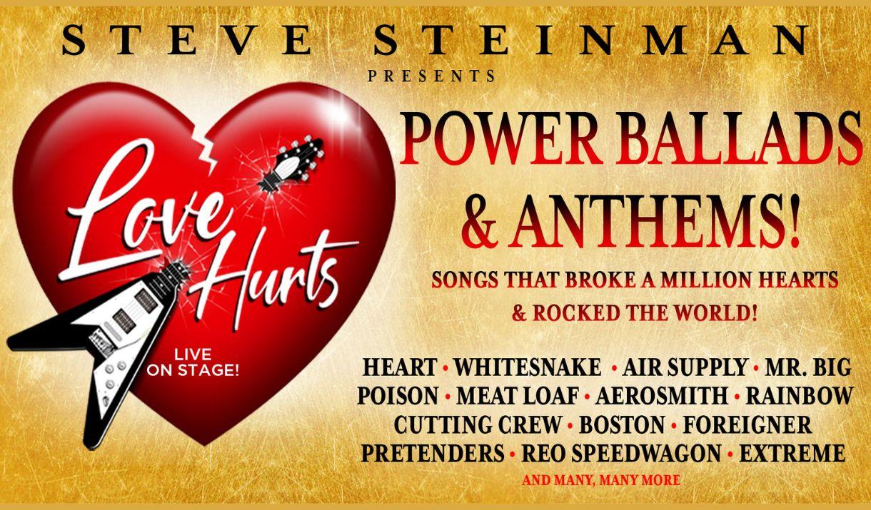 A poster for Love Hurts, showing a flying V guitar going through a cracking red heart
