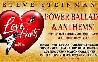 A poster for Love Hurts, showing a flying V guitar going through a cracking red heart