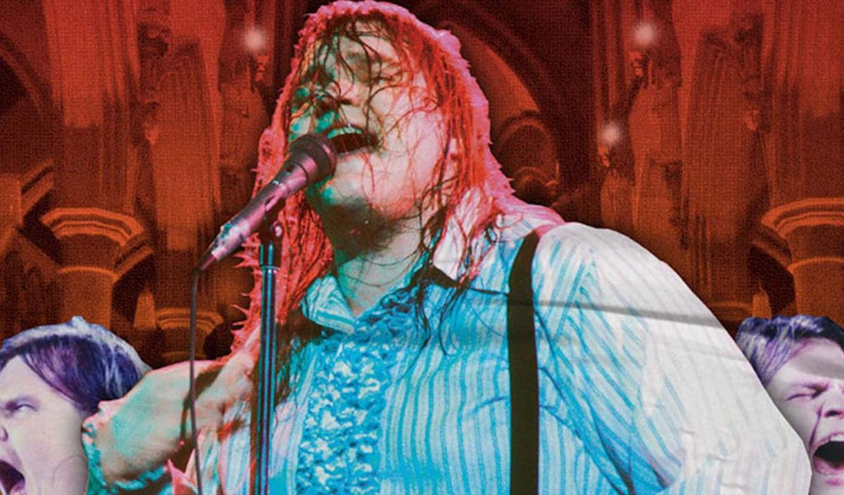 Three images of a Meat Loaf tribute act, against the background of a church
