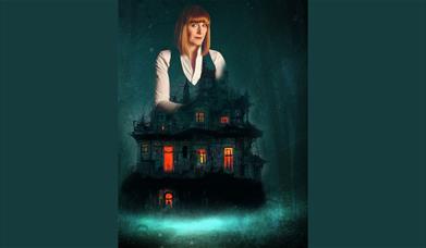 A picture of a spooky, haunted-looking house, with a picture of Most Haunted presenter, Yvette Fielding, above it.