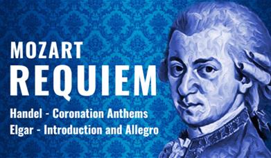 A stylised portrait of Mozart, in shades of blue, against a blue background