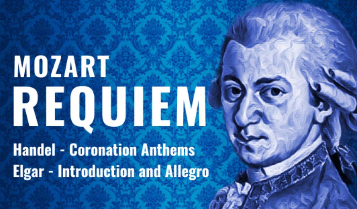 A stylised portrait of Mozart, in shades of blue, against a blue background