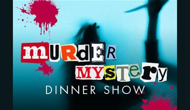 A picture with the silhouette of a hand holding a knife in the background, and the title "Murder Mystery Dinner Show" in the foreground. 